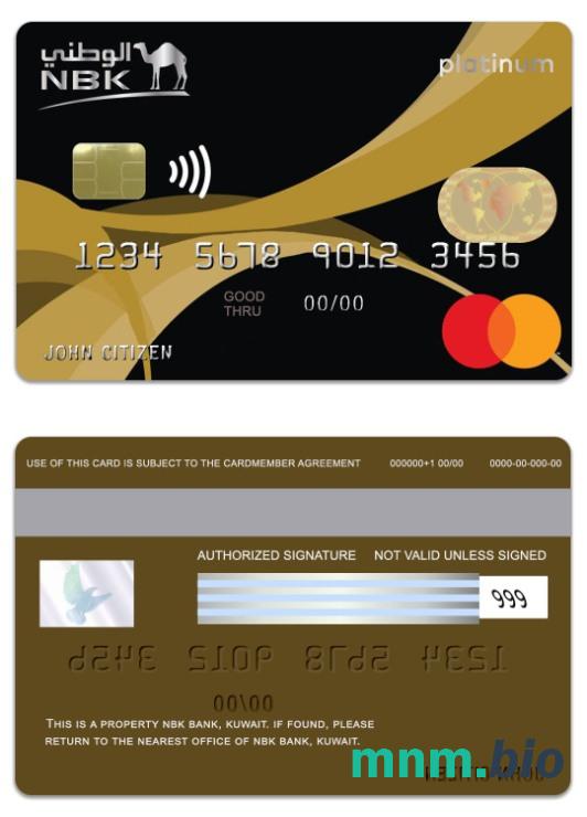 Kuwait NBK Bank Thahabi Platinum Mastercard Credit karta w pełni edytowalne PSD